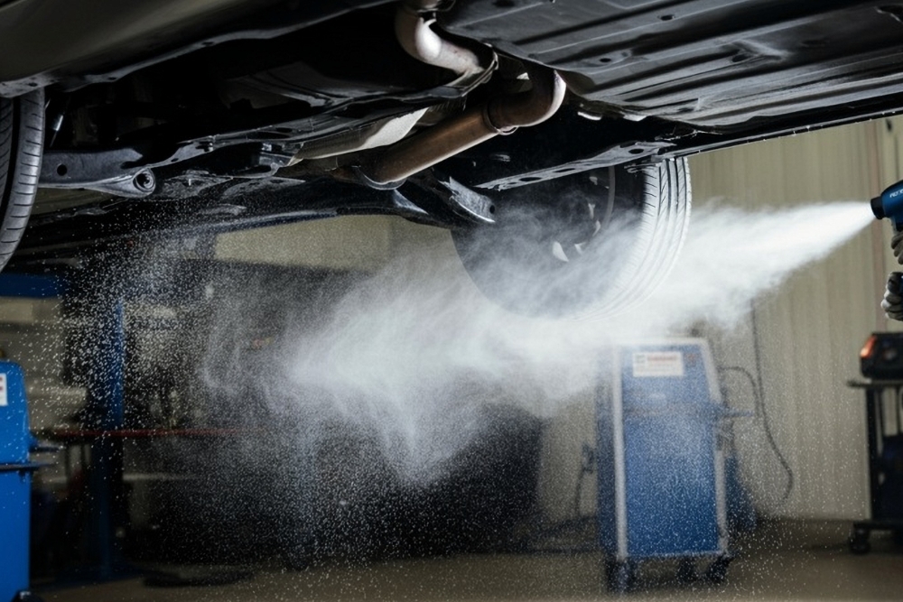 Winter Dry Ice Blasting in Iowa City IA. Vehicle undergoing dry ice blasting at an auto body shop.