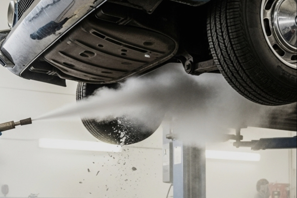 Winter Rust Prevention Dry Ice Blasting in Iowa City IA, At Harv's Auto Body Repair. Mechanic using dry ice blasting the lifted vehicle