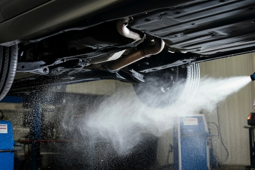 Dry Ice Blasting in Iowa City IA at Harv's Auto Body Repair. Car elevated on hydraulic lift receiving dry ice cleaning